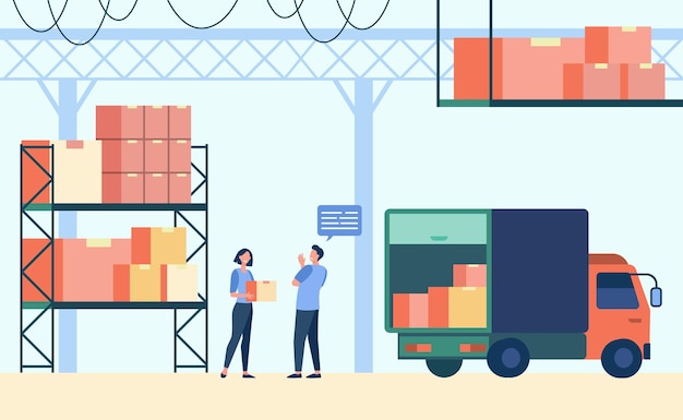 Logistieke werknemer en koerier vrachtwagen laden