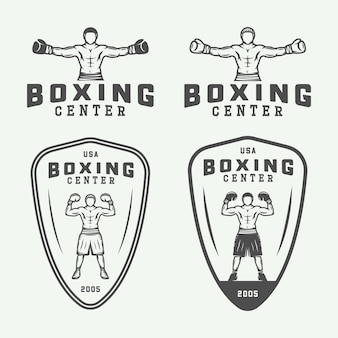 Logo-badges en labels voor boksen en vechtsporten in vintage stijl. vector illustratie