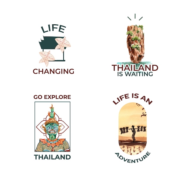 Logo ingesteld met thailand reisconcept voor branding en marketing in aquarel stijl