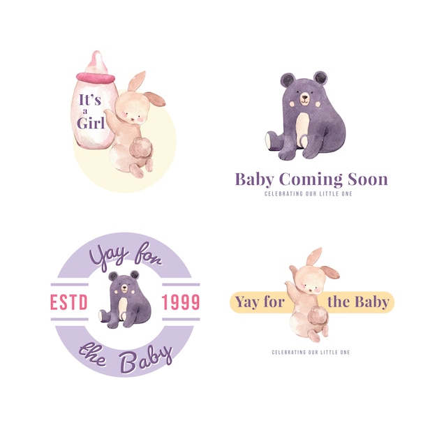 Logo met baby shower ontwerpconcept voor merk en marketing aquarel vectorillustratie. Gratis Vector