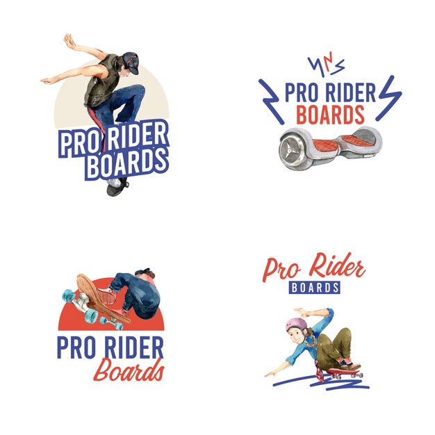 Logo met skateboard ontwerpconcept voor merk en marketing aquarel vectorillustratie.