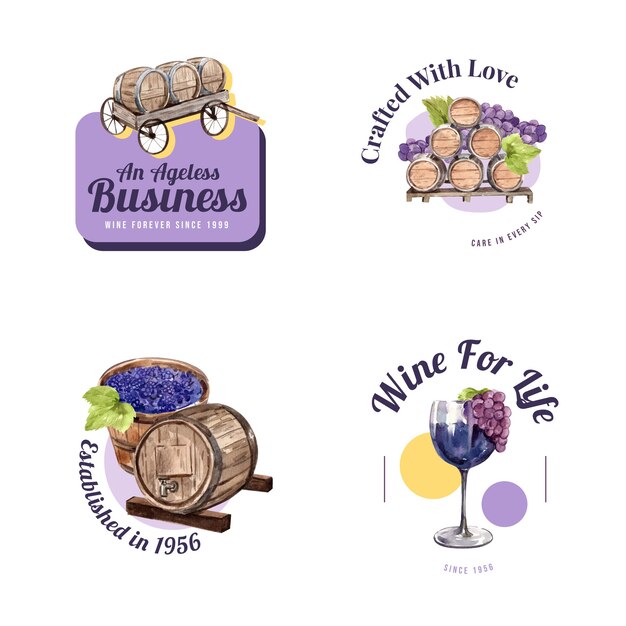 Logo ontwerp met wijnboerderij concept voor branding en marketing aquarel illustratie.