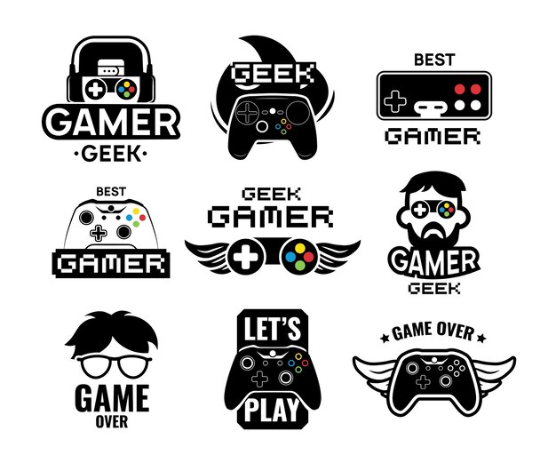 Logo voor videogames. Emblemen met gamer, vintage en moderne joystick consolecontroller, headset. Geïsoleerde vectorillustratie voor online game labelsjabloon