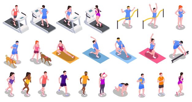 Lopende mensen ingesteld met actieve levensstijl en fitness symbolen isometrische geïsoleerde vectorillustratie