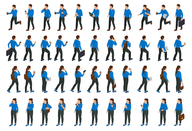 Gratis vector lopende mensen isometrische grote reeks mannelijke en vrouwelijke personages met tassengadgets en koffiekopje geïsoleerde vectorillustratie