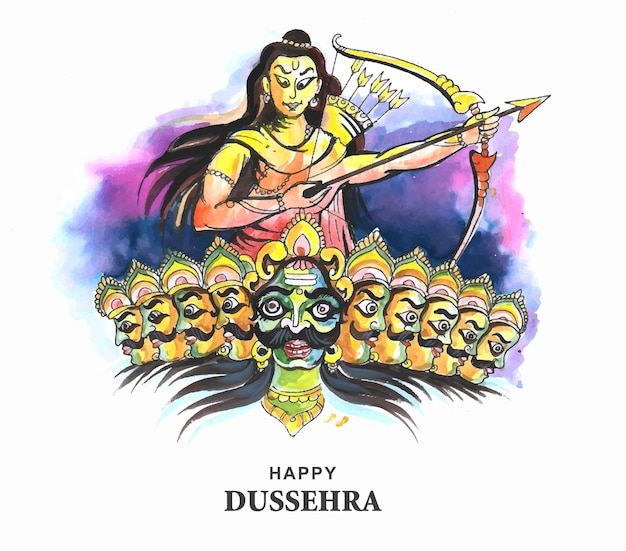 Gratis vector lord rama met pijl die ravana doodt op de achtergrond van de navratri-festivalkaart