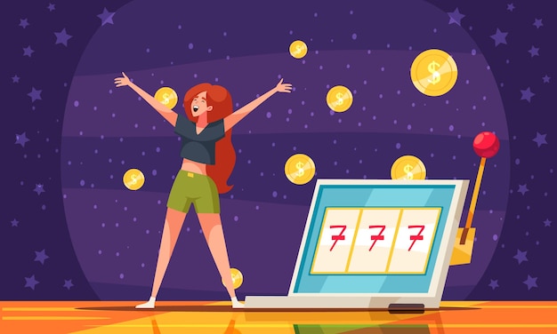 Gratis vector loterij winnaar cartoon concept met gelukkige vrouw onder geld regen vectorillustratie
