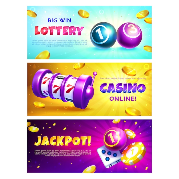 Gratis vector loterijbanners met realistische ballen-gokautomaat en casinofiches