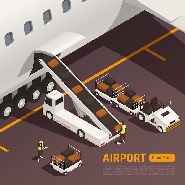 Luchthaven isometrische illustratie met transportbandvrachtwagen die zakken naar vliegtuigen laadt