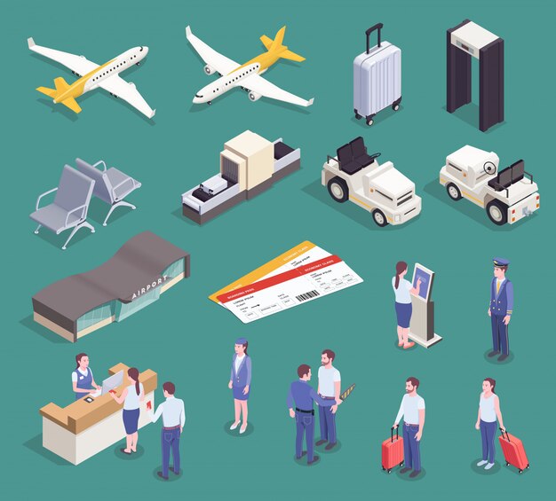 Luchthaven isometrische set met geïsoleerde afbeeldingen van gebouwen voertuigen apparaten en karakters van passagiers en bemanning vector illustratie