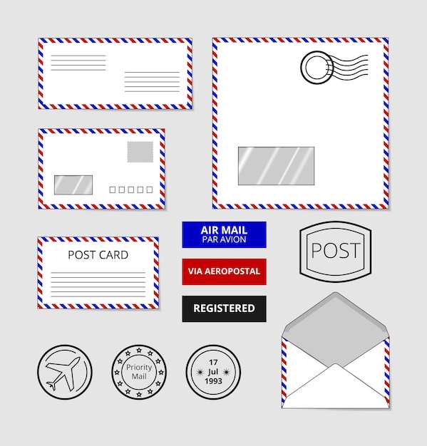 Gratis vector luchtpost enveloppen, briefkaart en badges. postzegel op brief