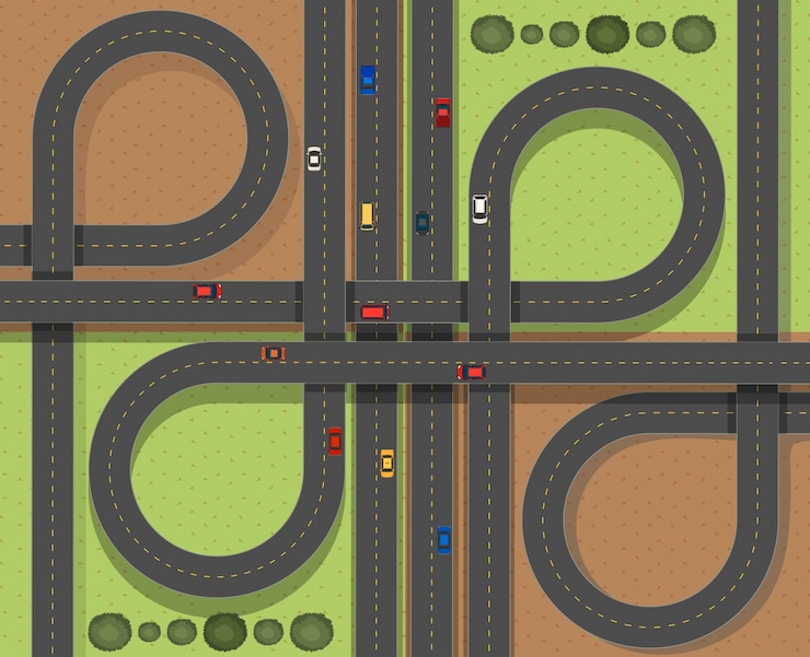 Gratis Vector luchtscène met auto's op de wegen