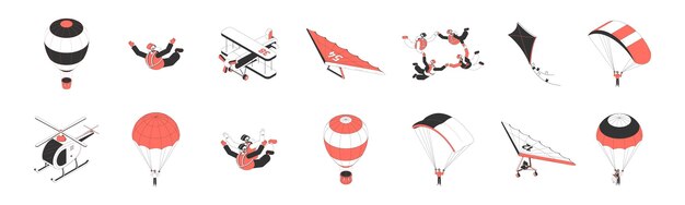 Luchttoerisme isometrische pictogrammen instellen met mensen die parachutespringen deltavliegen vliegend vliegtuig 3d geïsoleerde vectorillustratie doen