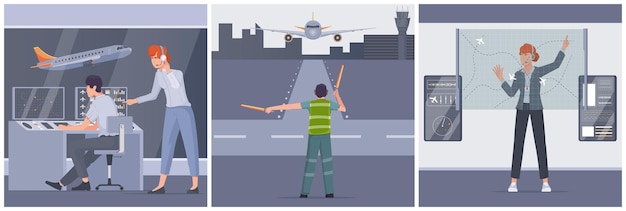 Gratis vector luchtverkeersleiding platte set met vliegtuigcontrollers en marshallers geïsoleerde vectorillustratie