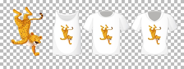 Luipaard in dansende positie stripfiguur met vele soorten shirts op transparante achtergrond