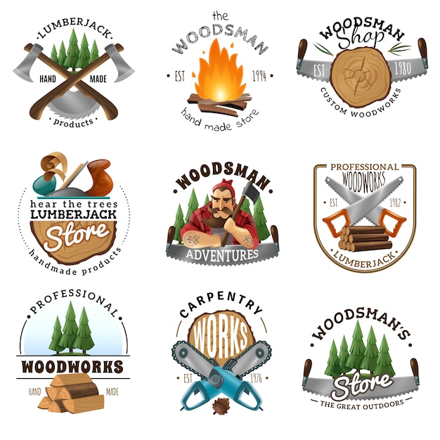 Gratis vector lumberjack logo emblemen etiketten instellen