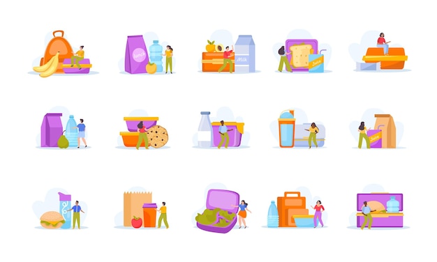 Gratis vector lunchbox set van platte geïsoleerde composities met lege mensen als achtergrond en iconen van voedselcontainers vectorillustratie