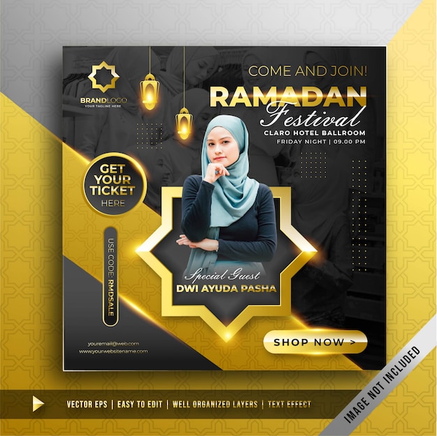 Luxe gouden ramadan festival square banner promotie sjabloon