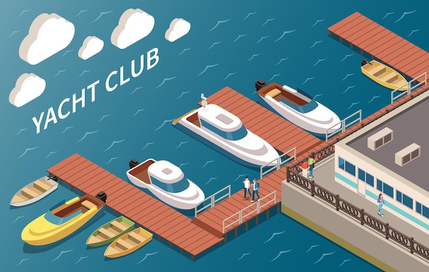 Gratis vector luxe jachtclub zeilen en motorboten aanmeren faciliteiten bouwen hoek oceaanzicht isometrische samenstelling