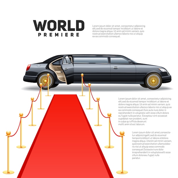 Gratis vector luxe limousineauto en rood tapijt voor de beroemdheden van de wereldpremière en gastenposter
