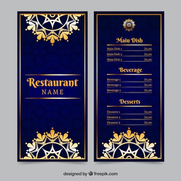 Gratis vector luxe menu sjabloon met gouden ornamenten