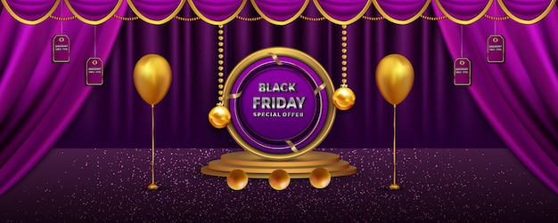 Luxe zwarte vrijdag banner verkoop korting decoratie met realistische objecten podium bal goud