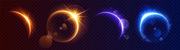 Gratis vector maan eclipse licht flare horizon ruimte achtergrond abstract zonsopgang ring schitteren op aarde planeet ontwerpset goud blauw en paars halvemaanvormige baan rand gloed met magische realistische wolk rook glans