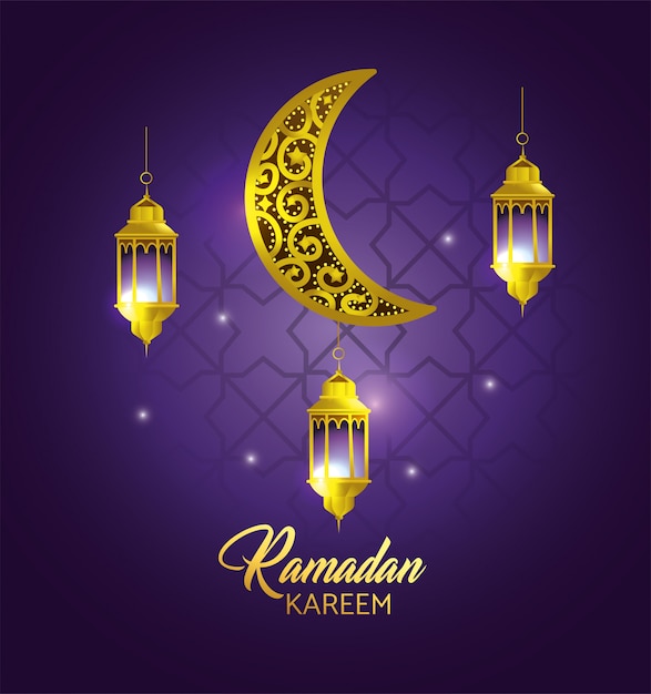 Maan met lampen die aan ramadan kareemviering hangen