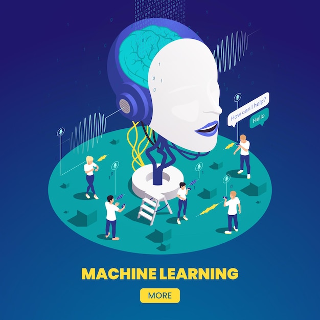 Machine learning deep learning isometrische compositie met klikbare knoptekst en mannequin hoofd met kunstmatige hersenen vectorillustratie