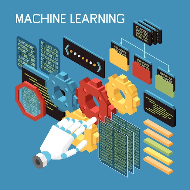 Gratis vector machine learning isometrische samenstelling van tekst en robothand met pictogrammen van codetoestel en omslagen vectorillustratie