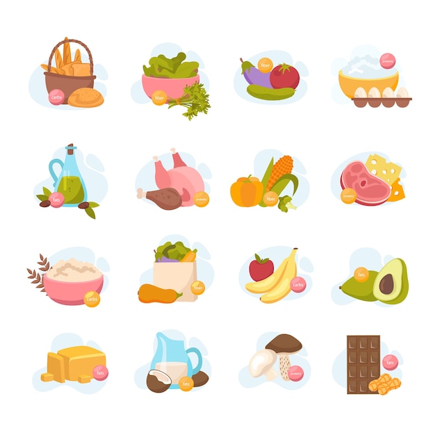 Macronutriënten plat pictogrammen collectie met geïsoleerde composities van voedselbeelden met rauwe groenten, fruit en vlees vectorillustratie