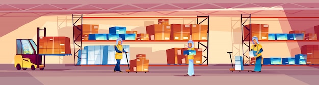 Magazijn en Arabische arbeidersillustratie van logistiekpakhuis met goederen op plank.