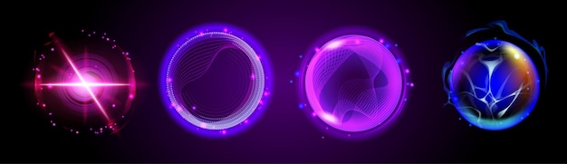 Gratis vector magic gloeiende cirkel portaal met neon licht effect realistische vector illustratie set van kleurrijke fantastische ringen en bollen wizard poort voor reizen in de ruimte of tijd met kracht energie technologie