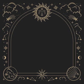 Magisch vectorframe met zon, maan, sterren en sterrenbeelden. gouden elegante sieraad. mystic frame voor tarot, esoterisch, astrologieontwerp. sjabloon voor poster en prenten.