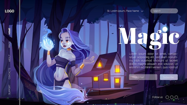 Magische banner met mystiek meisje houdt blauw vuur bij de hand in nachtbos.
