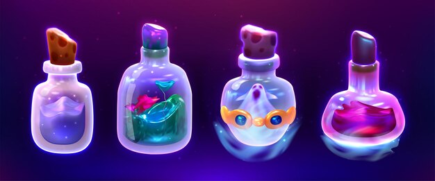 Magische drankjes in glazen flessen met kurken Spel rekwisieten cartoon vector set Vloeibare vergiften of accessoires voor hekserij op donkere achtergrond Elixer van het leven alchemie flesjes verschillende kleur stof binnen