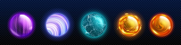 Gratis vector magische energie bol icoon met gloed effect voor het spel fantasy vuur bol element met vlam licht neon fortuin plasma bubble set geïsoleerd 2d vfx collectie abstract circle heks kristal ontwerp