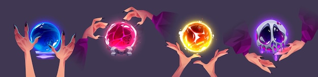 Gratis vector magische fortuinbal in heksenhanden cartoon vector illustratie set vrouwelijke armen met lange nagels werken magie over gloeiende mystieke bollen met de kracht om de toekomst te voorspellen wizard fantasy lichtend kristal