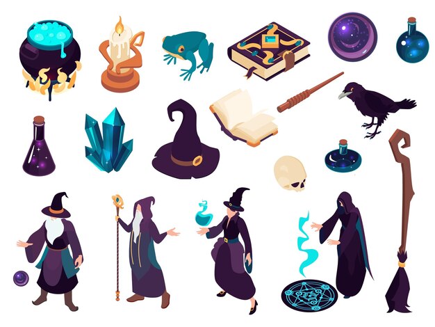 Magische isometrische pictogrammen instellen met tovenaars heksen en diverse spullen voor hekserij en alchemie geïsoleerd op een witte achtergrond 3D-vector illustratie