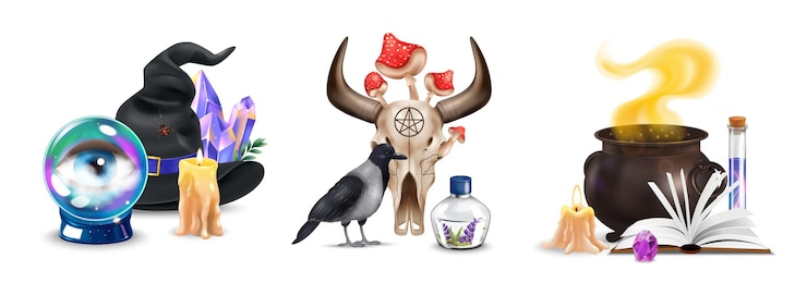 Gratis Vector magische objecten realistische composities set met kristallen bol raaf koe schedel ketel met drankje geïsoleerde vectorillustratie