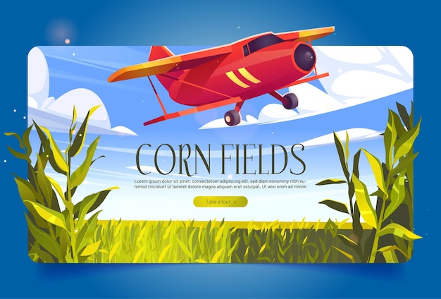 Gratis vector maïsveldenbanner met planten en rood vliegtuig