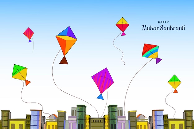 Gratis vector makar sankranti viering met kleurrijke vliegers kaart achtergrond