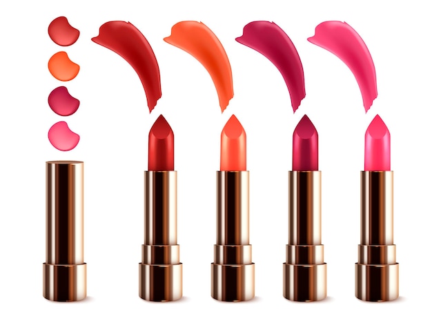 Gratis vector make-up lippenstift set met schoonheid en mode symbolen realistische geïsoleerde vector illustratie