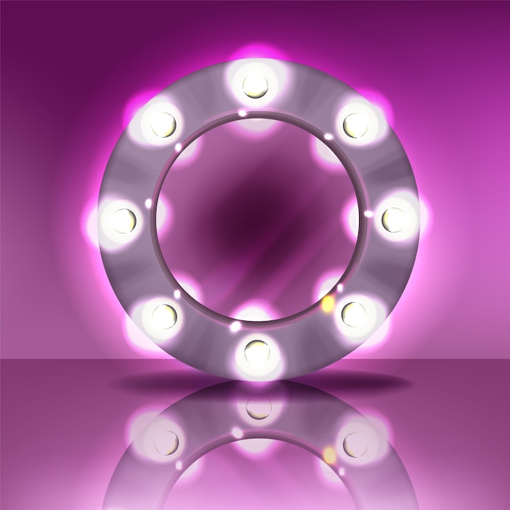 Gratis Vector make-up ronde spiegel met lampen lamp illustratie van moderne zilveren frame met realistische licht