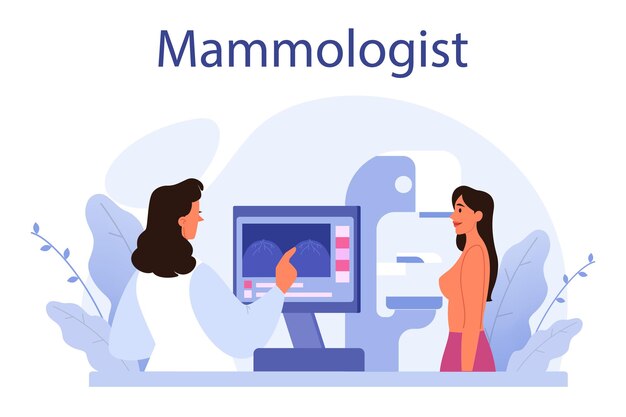 Mammoloog concept Overleg met arts over borstziekte Idee van gezondheidszorg en medisch onderzoek Borstscreening en mammografie diagnostiek van oncologie Platte vectorillustratie