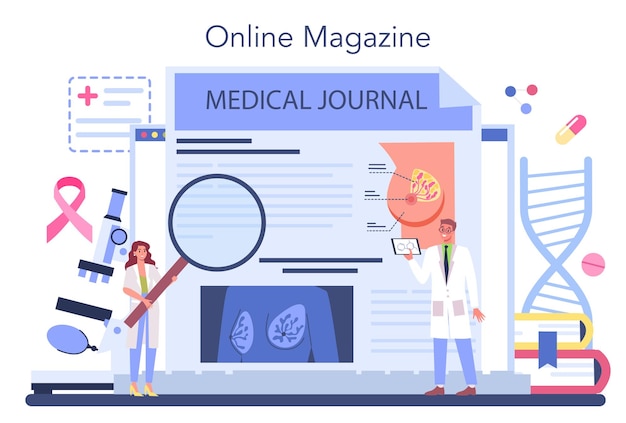 Mammoloog online service of platform Overleg met arts over borstziekte Borstonderzoek en mammografie diagnostiek van oncologie Online tijdschrift Platte vectorillustratie