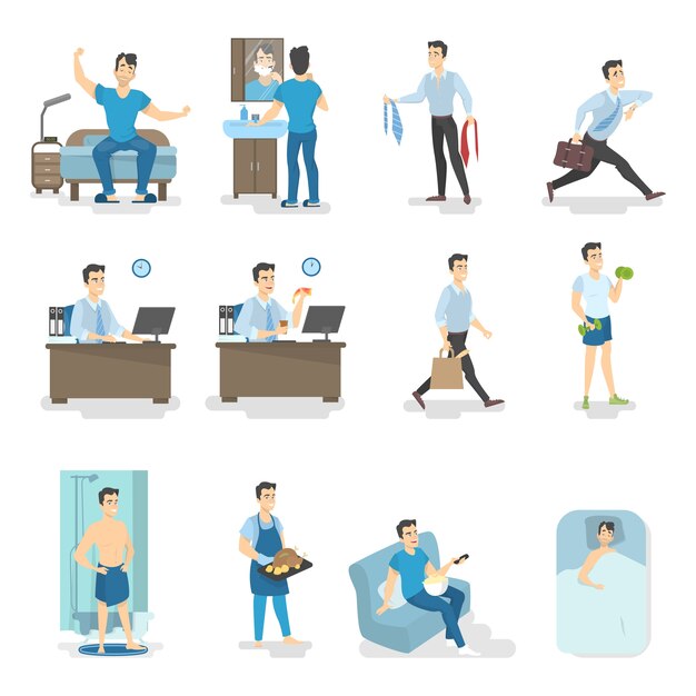 Man dagelijkse routine. wakker worden, ontbijten, douchen, naar het werk  gaan en andere bezigheden. drukke man levensstijl. illustratie | Premium  Vector