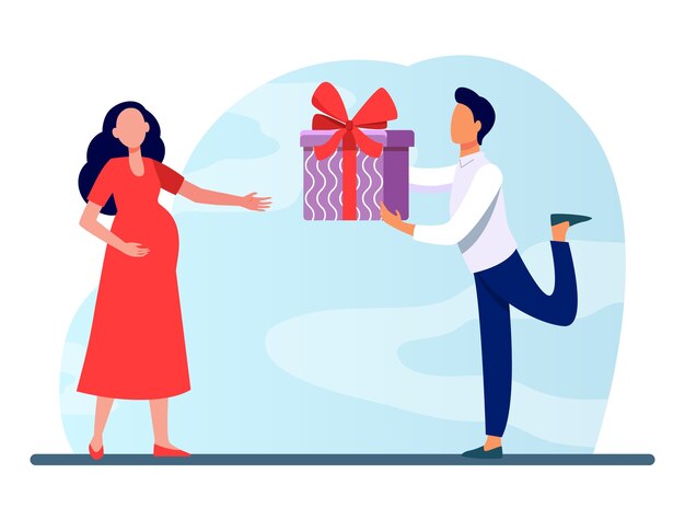 Man die cadeau geeft aan zijn zwangere vrouw. Verwacht paar, ouders, aanwezig voor baby platte vectorillustratie. Familie, zwangerschap, liefde
