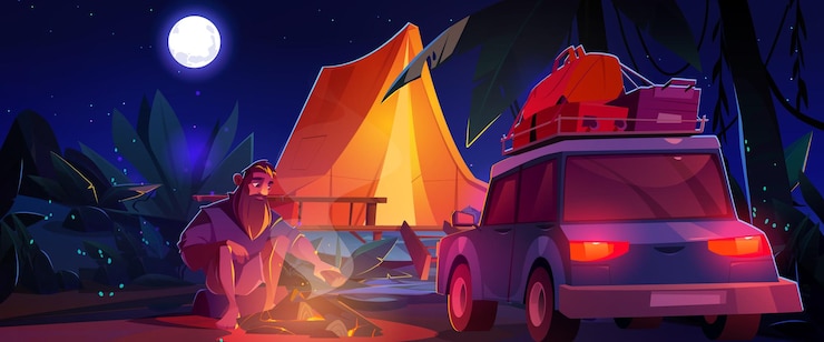 Gratis Vector man die's nachts in de buurt van een kampvuur tent en auto zit