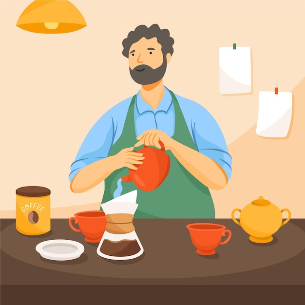 Gratis vector man die thuis koffie maakt